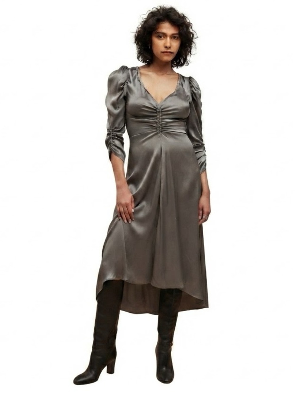 GAP Silver-Gray Satin RUCHED MIDI NWT